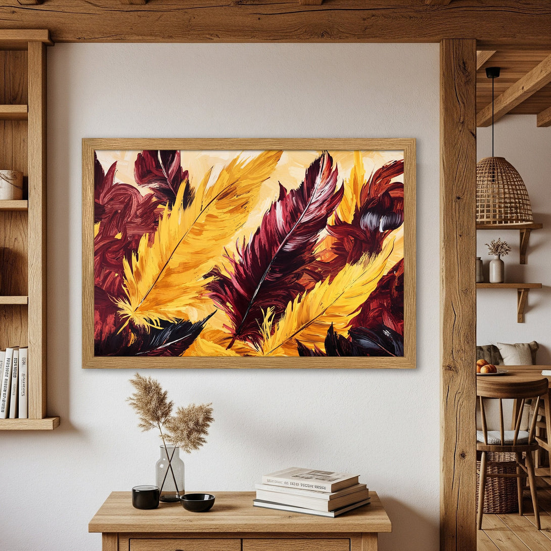 Framed Poster featuring vibrant feather art in warm yellow, red, and black hues. Perfect wall decor for any room!