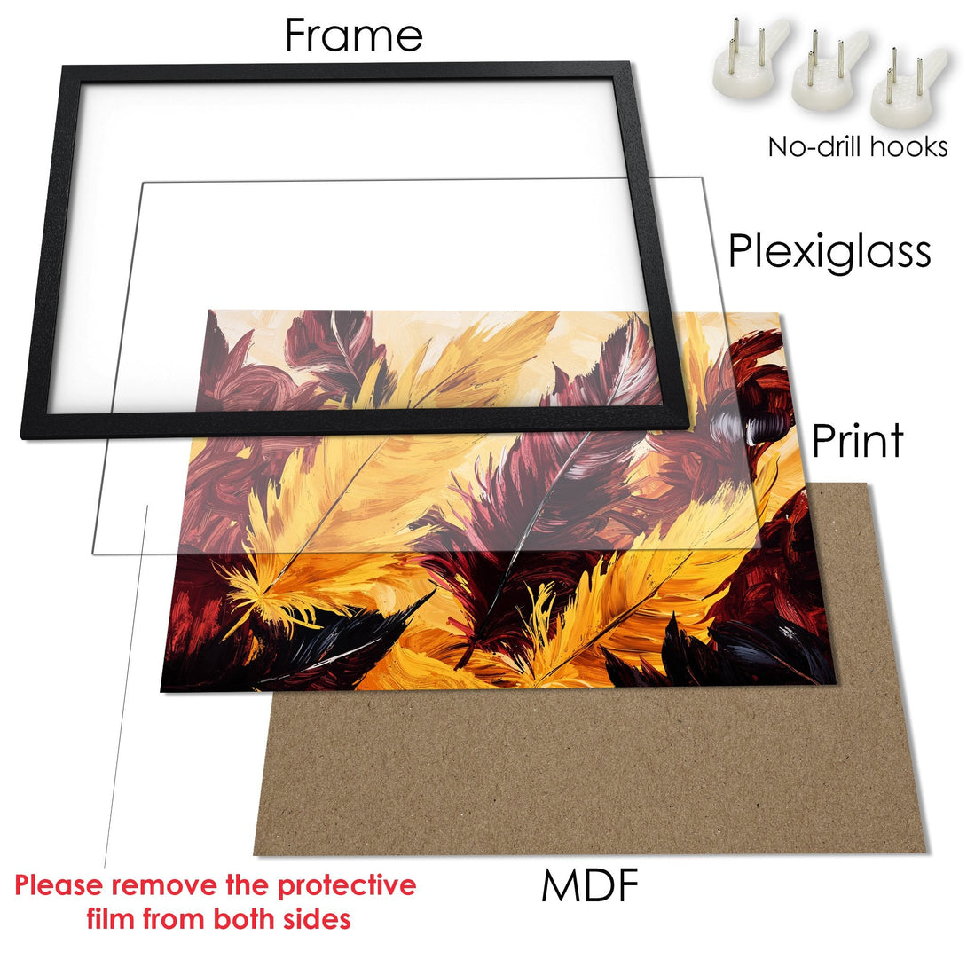 Framed Poster featuring abstract feather art in warm red, yellow, and black tones. Elevate your space with this stunning wall art!