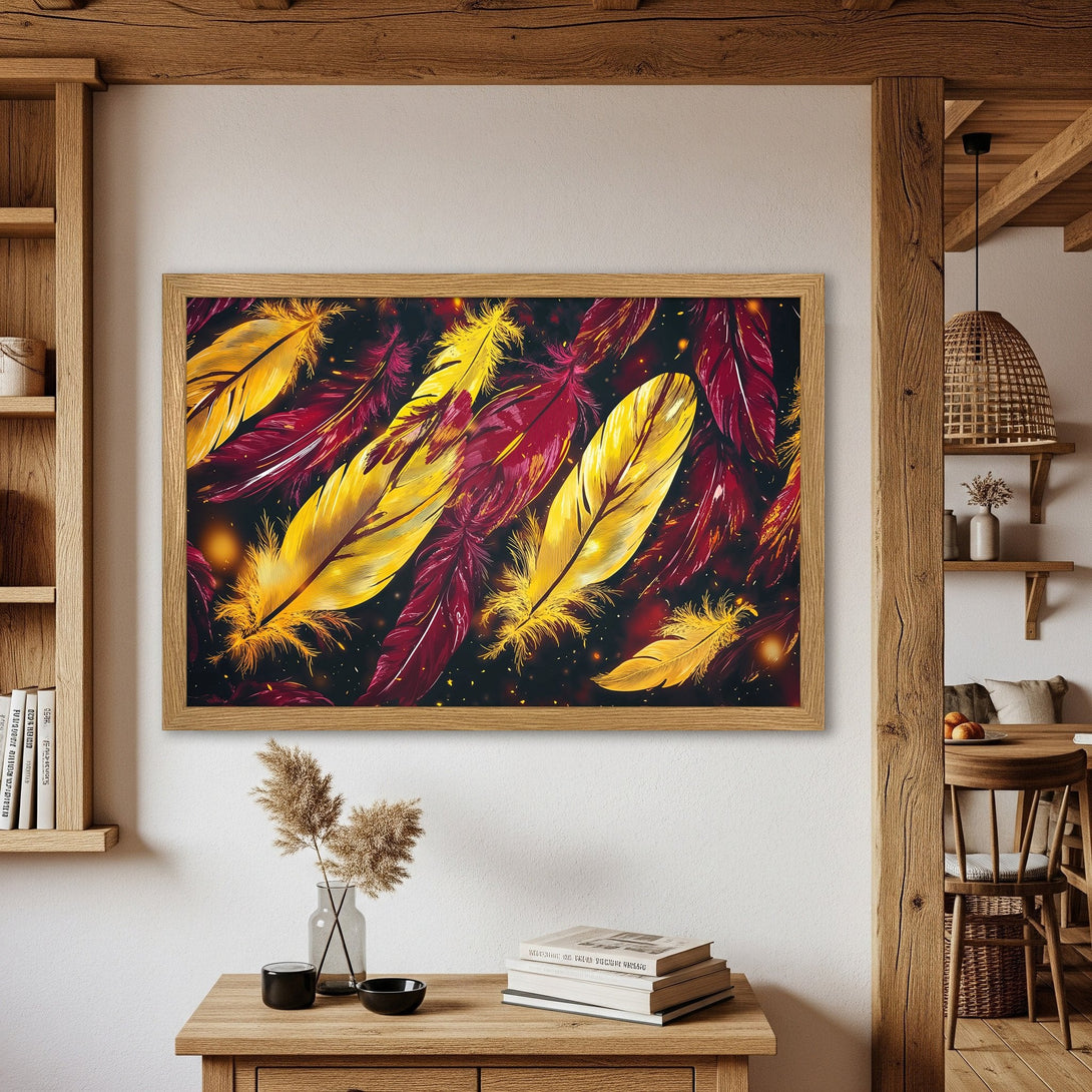 Framed Poster featuring vibrant feathers in gold and burgundy, perfect for adding a touch of elegance. Modern art print with a warm color palette.