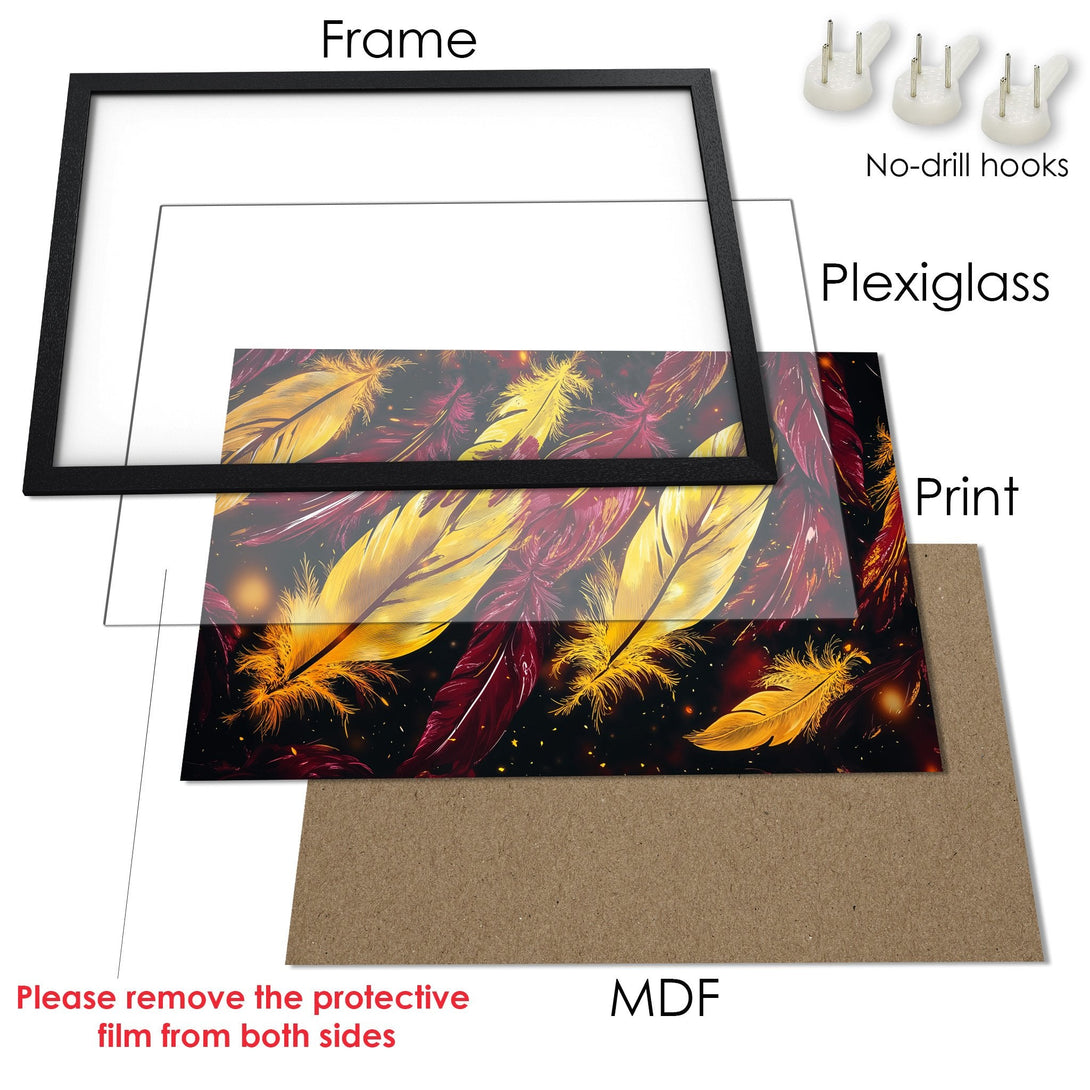 Framed Poster with vibrant feather art. Features a black frame, warm gold, red, and black color palette. Perfect wall decor!