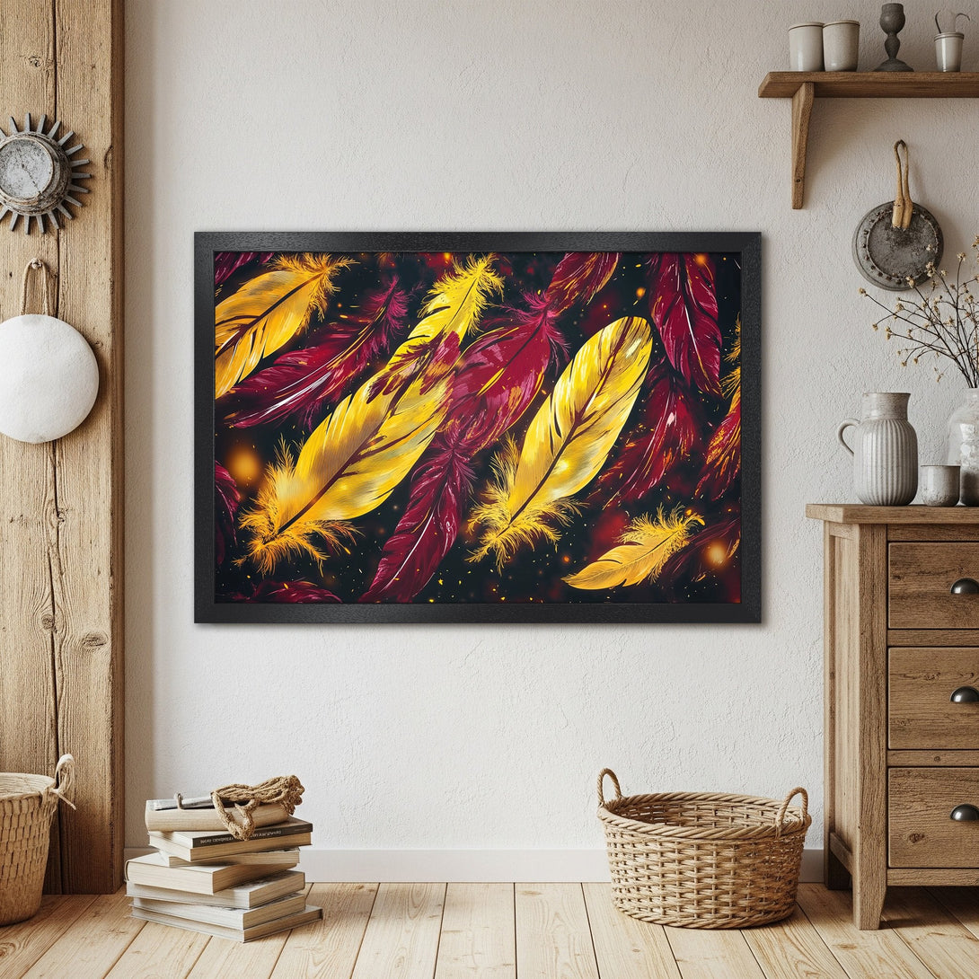 Framed Poster featuring vibrant feathers in gold & burgundy. Artistic style, perfect wall decor.