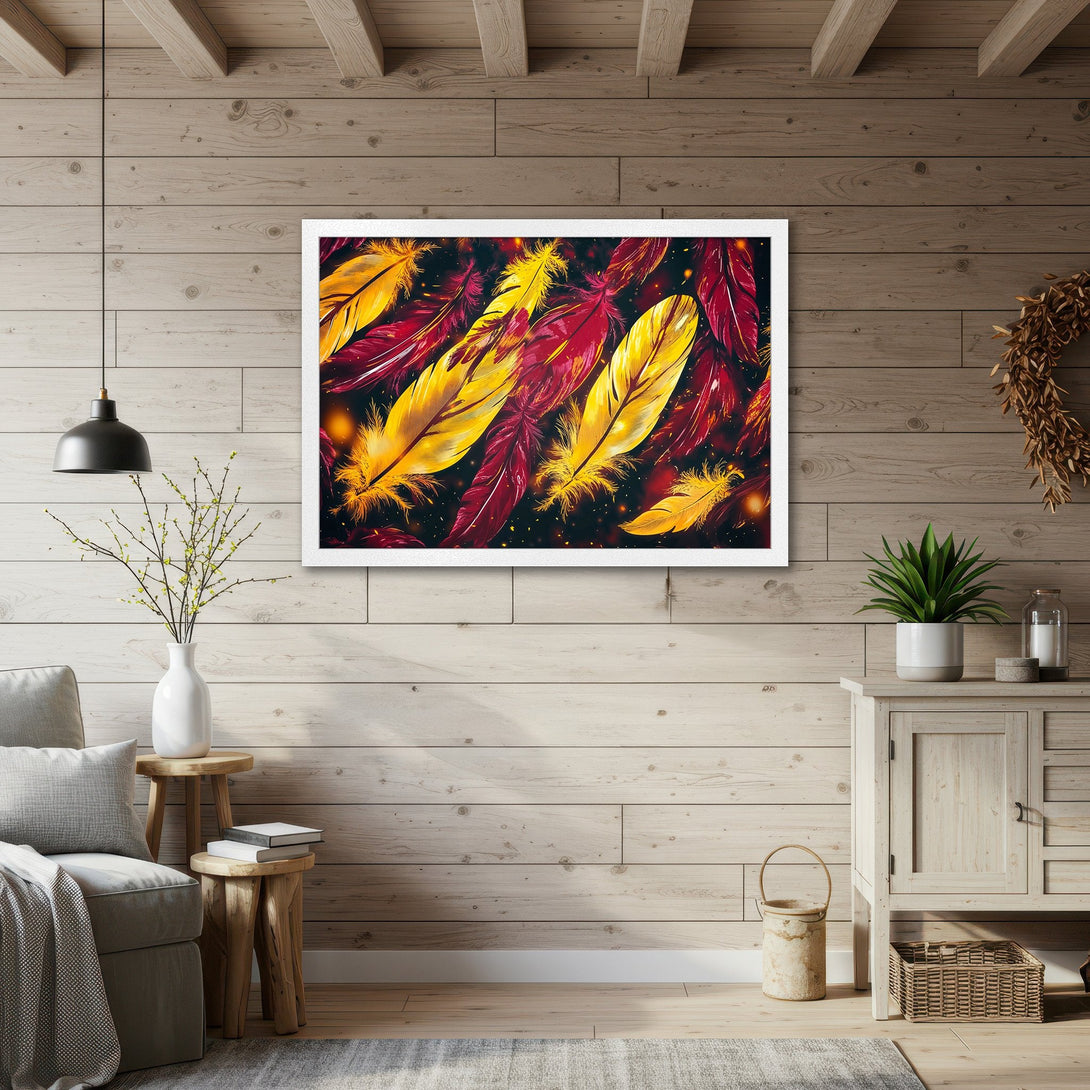 Framed Poster featuring vibrant feathers in yellow and red hues, a modern art piece for your home decor.