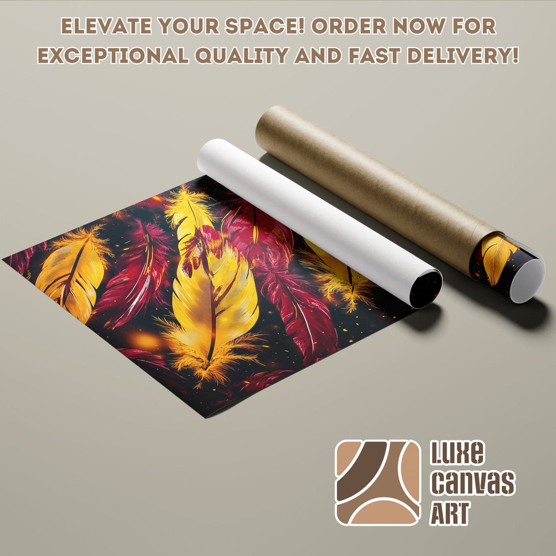Feather art poster roll. Abstract style with red, yellow, and black color palette. Elevate your space!