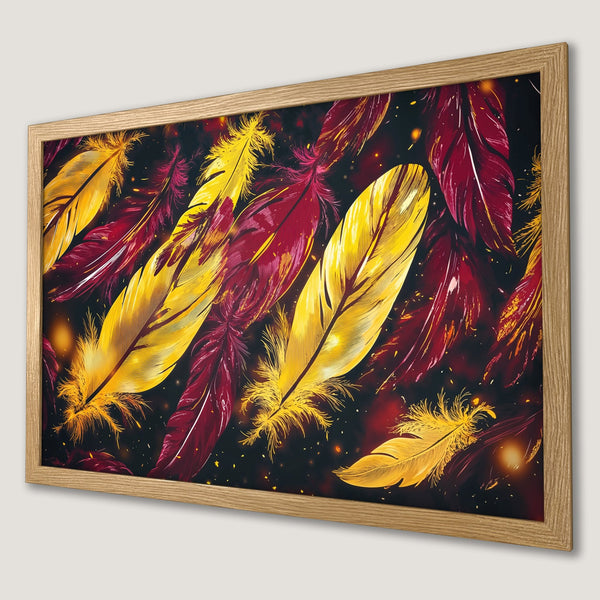 Framed Poster featuring vibrant feathers in yellow and burgundy against a dark background. Modern art style, perfect for home decor.