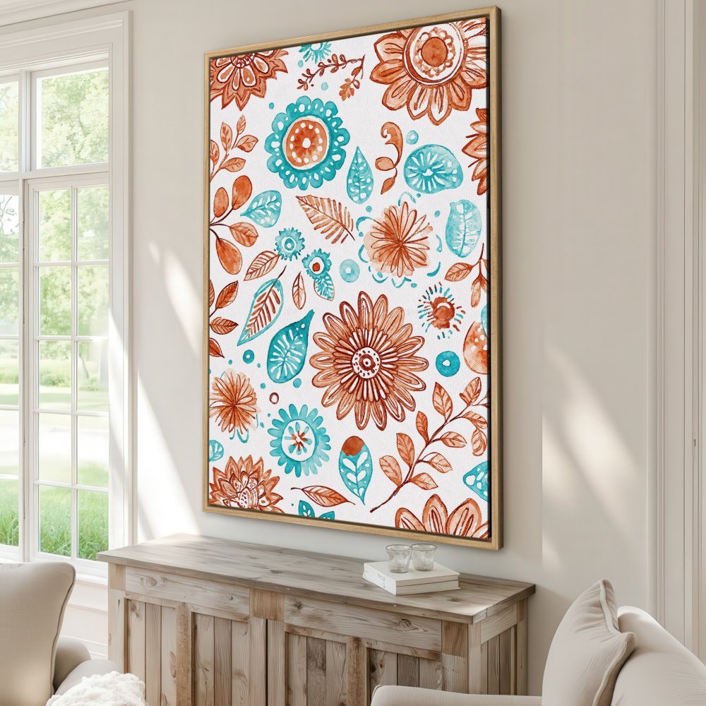 Framed Wall Art: Watercolor floral Canvas Print in teal and terracotta, perfect for adding a pop of color and bohemian style to your home decor.