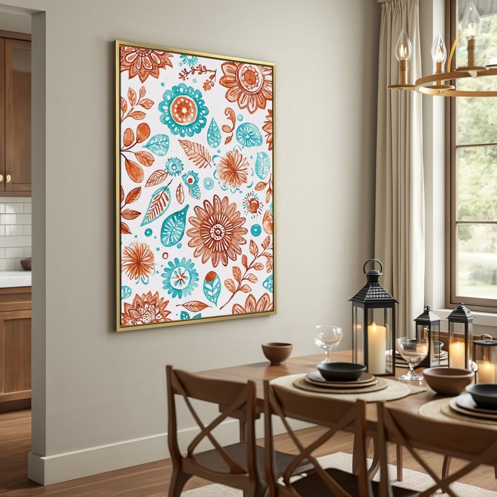 Canvas Print featuring watercolor floral pattern in teal and rust. Perfect wall art for a cozy interior.