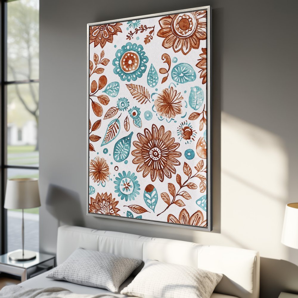 Framed Wall Art: Watercolor floral Canvas Print in boho style. Features brown and teal flowers on a white background, perfect for bedroom decor.