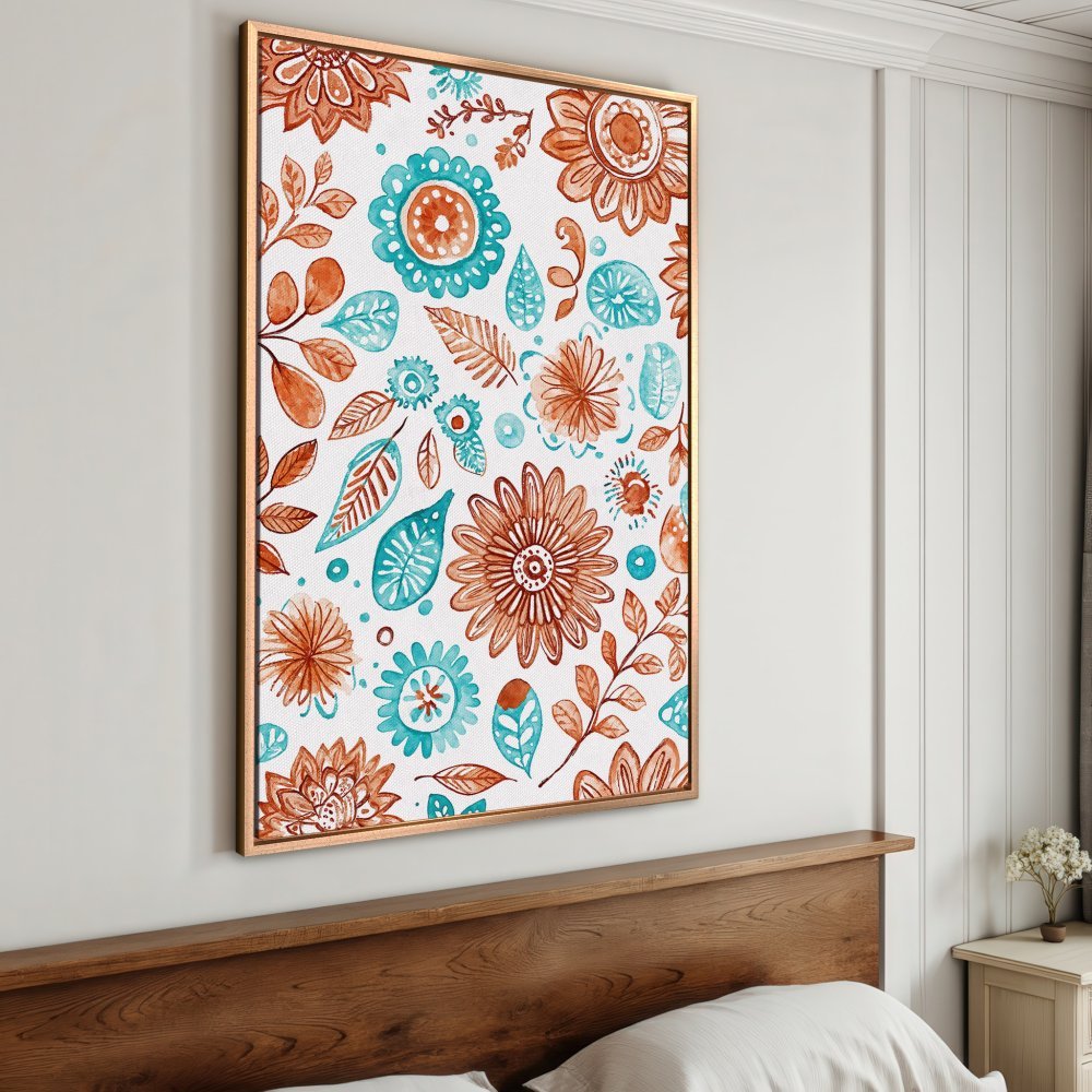Framed Wall Art featuring watercolor floral design in teal and rust tones, perfect for adding a touch of boho style to your bedroom.