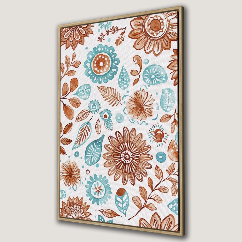 Framed Wall Art: Watercolor floral Canvas Print in teal and rust, a perfect accent for boho or farmhouse decor.