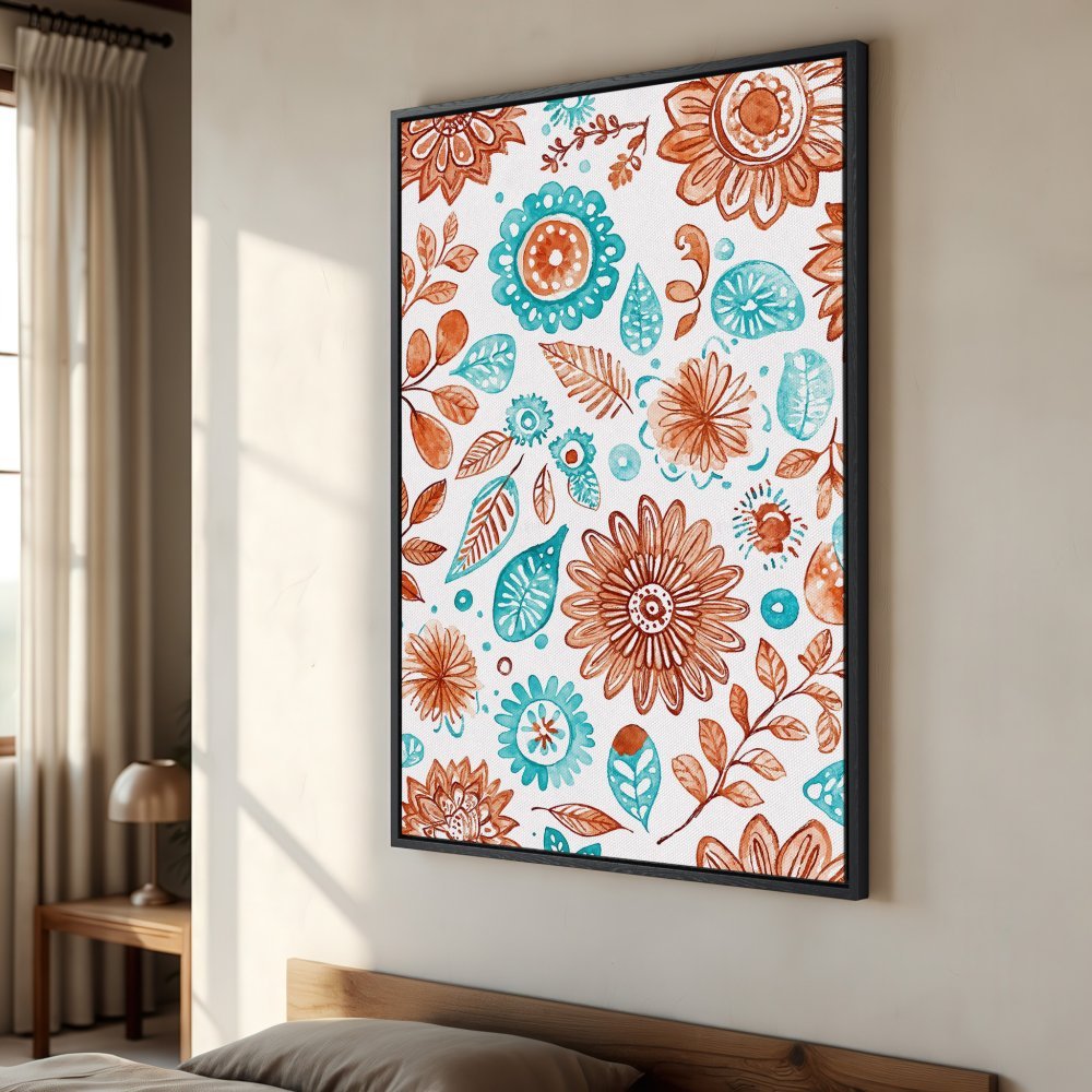 Framed Wall Art featuring a watercolor floral pattern in teal and rust. Perfect for adding a pop of color to your home decor.