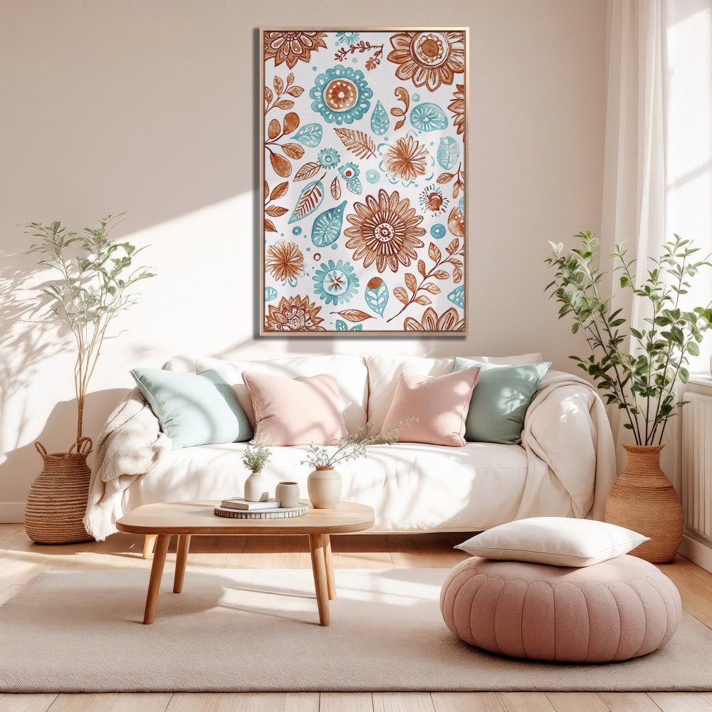 Framed Wall Art: Floral Canvas Print in boho style with brown, teal, and white color palette, perfect for living room decor.