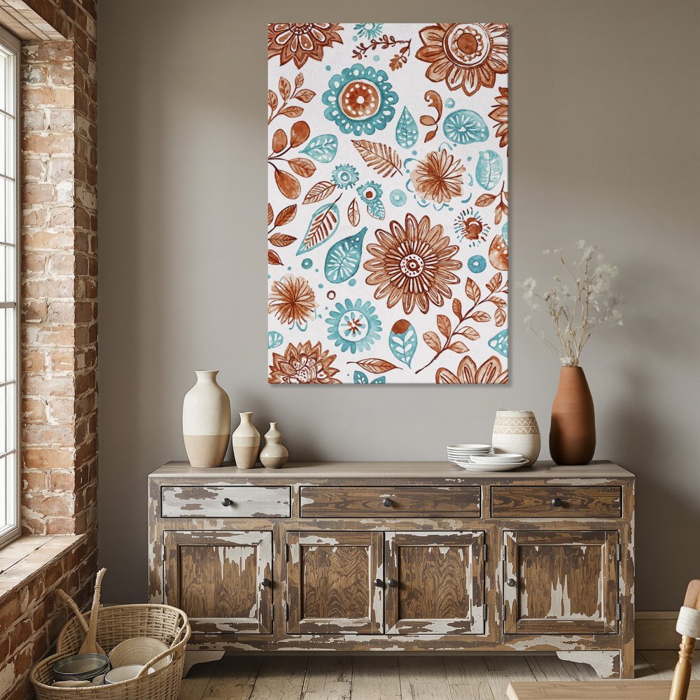 Framed Wall Art: Watercolor floral Canvas Print in teal and rust, perfect for adding a touch of bohemian style to your dining room.