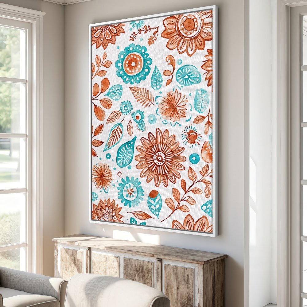 Framed Wall Art: Watercolor floral Canvas Print in teal and terracotta. Perfect for bohemian decor. Shop now!