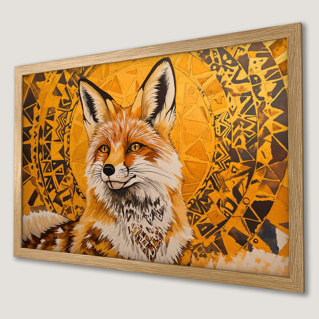 Framed Poster featuring a fox in a vibrant, tribal style with a warm yellow and orange color palette. Perfect wall art for any space!