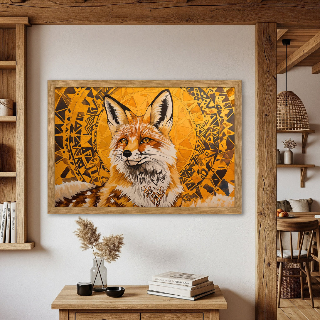 Framed Poster featuring a fox in a tribal style with warm orange and yellow tones, perfect for adding a touch of nature.