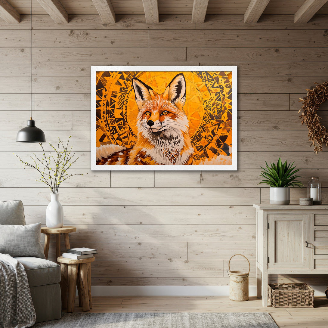 Framed Poster featuring a majestic fox in a vibrant, tribal-inspired design with warm orange and yellow hues. Perfect wall art!