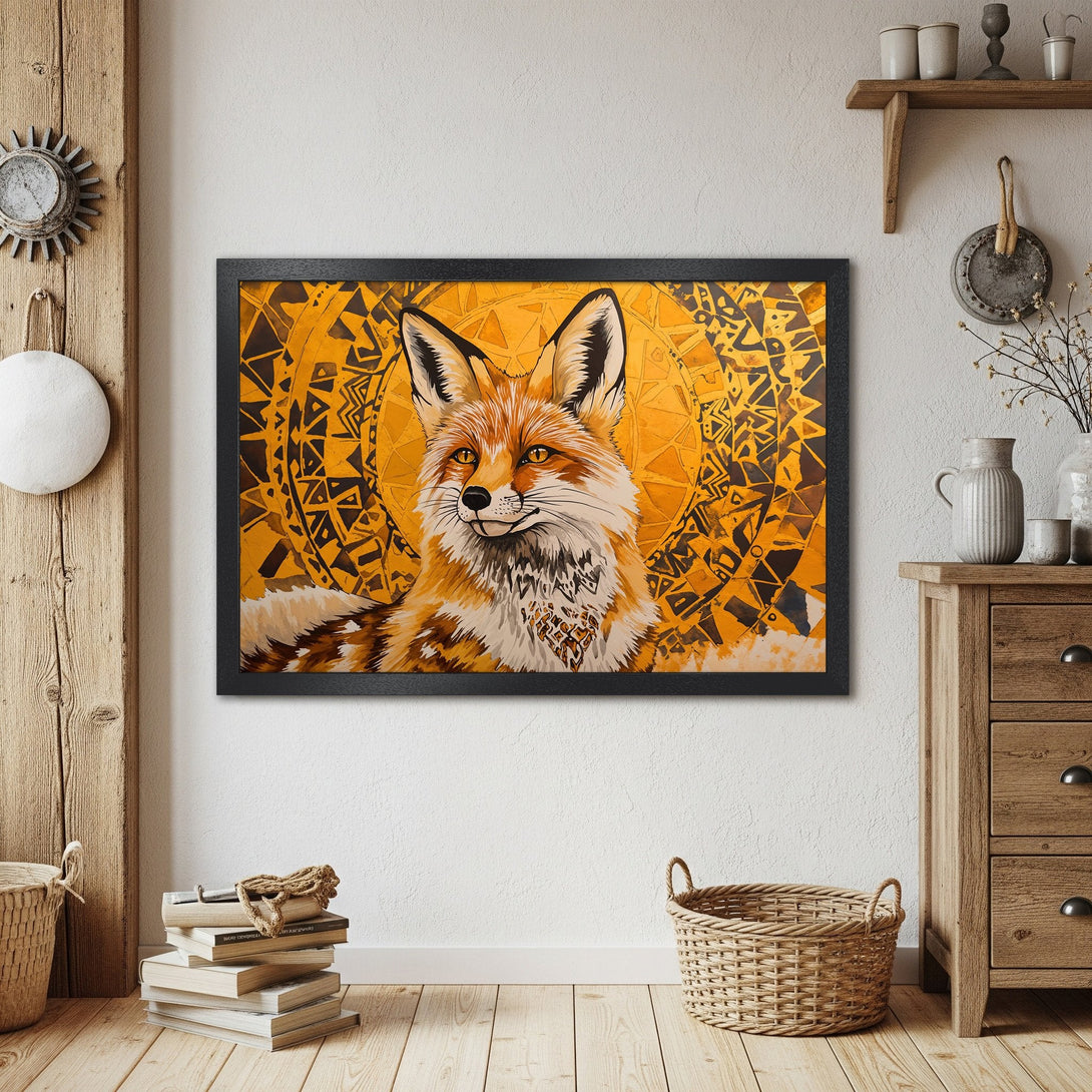 Framed Poster featuring a fox illustration in warm orange and gold tones, perfect for adding a touch of rustic charm.