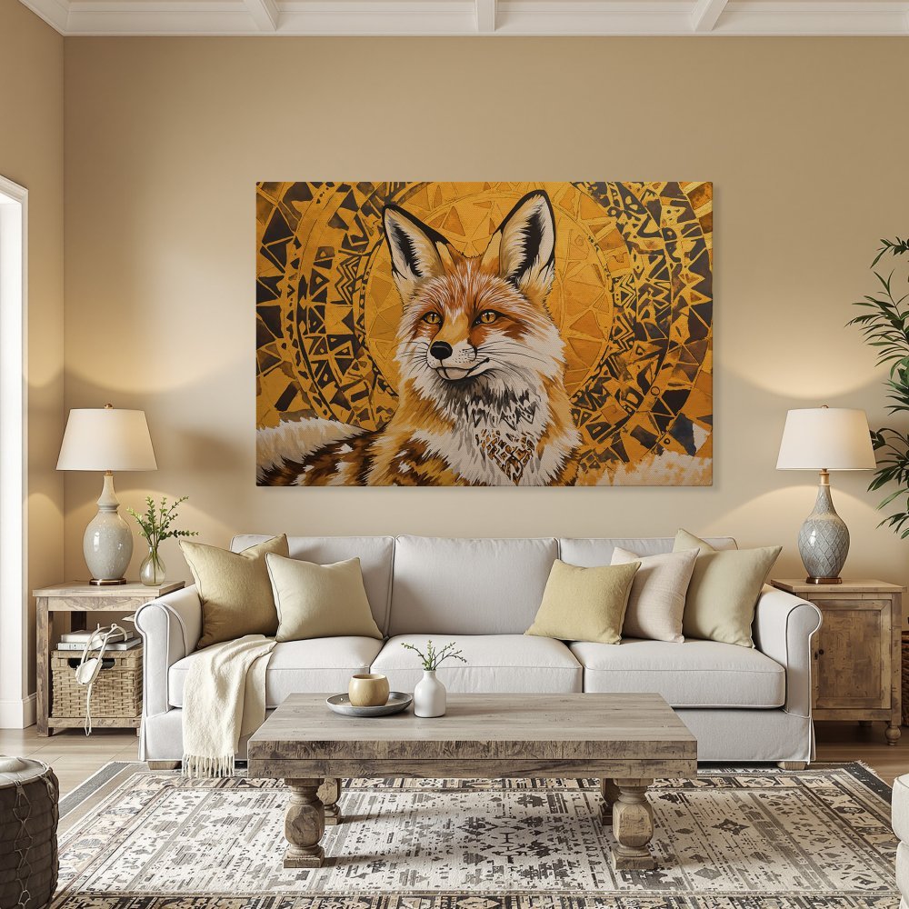Framed Wall Art: Majestic fox portrait in warm gold and orange hues. Add a touch of elegance to your home with this stunning canvas print!
