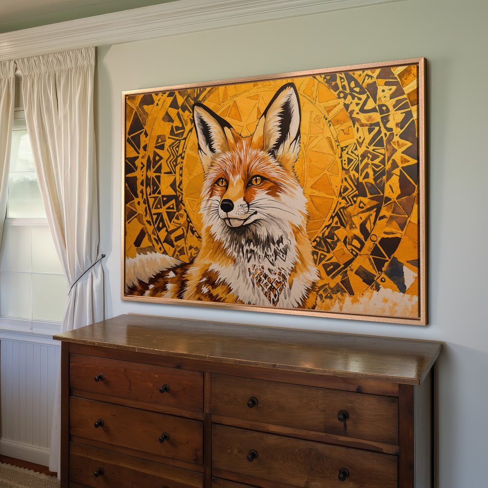Framed Wall Art: Majestic fox portrait in warm gold and orange tones. Boho style Canvas Print adds a touch of nature and elegance to any room.