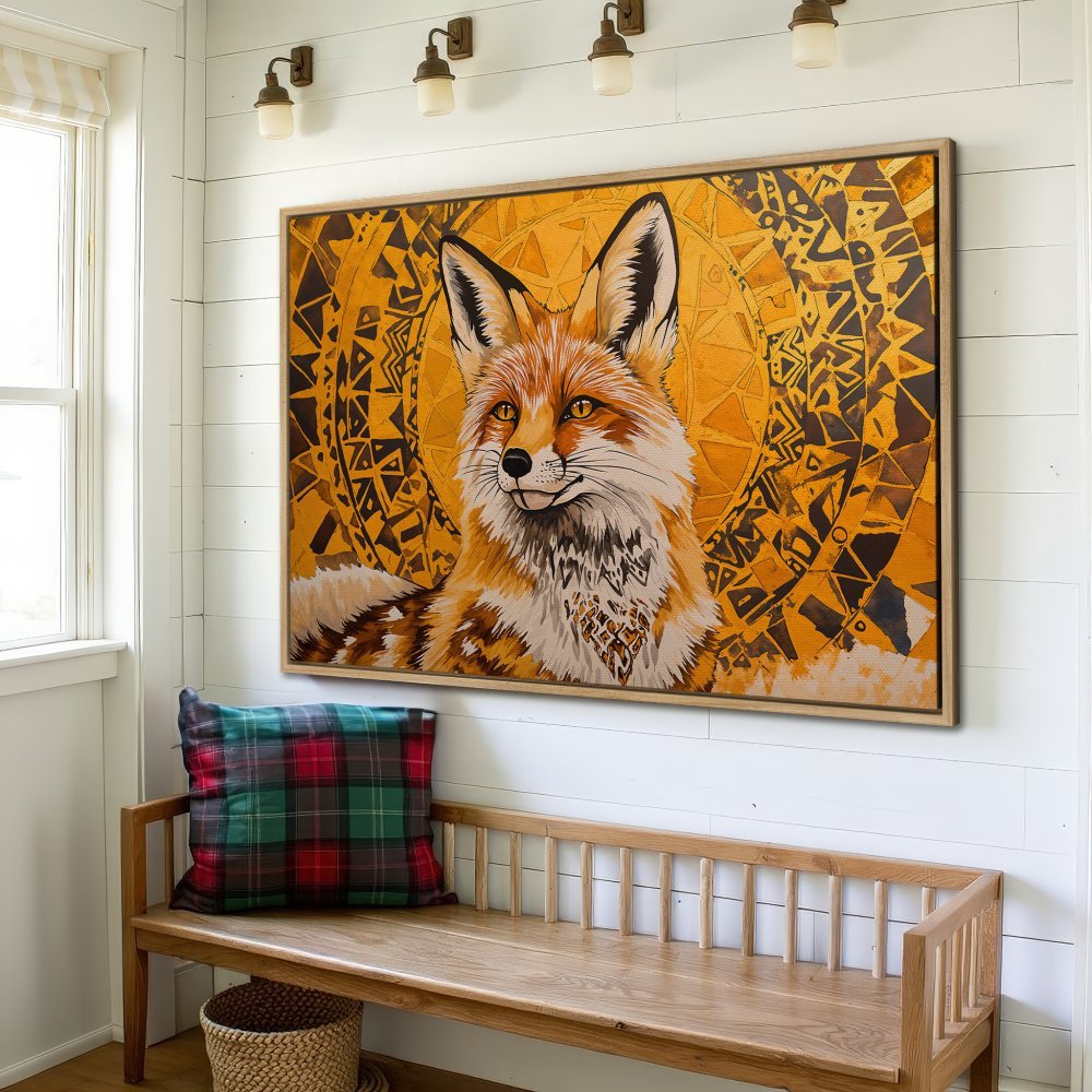 Framed Wall Art: Majestic fox portrait in warm orange and gold tones, perfect for adding a touch of nature-inspired art to your home decor.