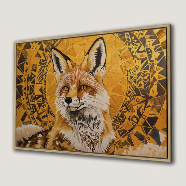 Framed Wall Art: Majestic fox portrait in warm gold and brown tones. Boho style Canvas Print adds a touch of nature and elegance to your space.