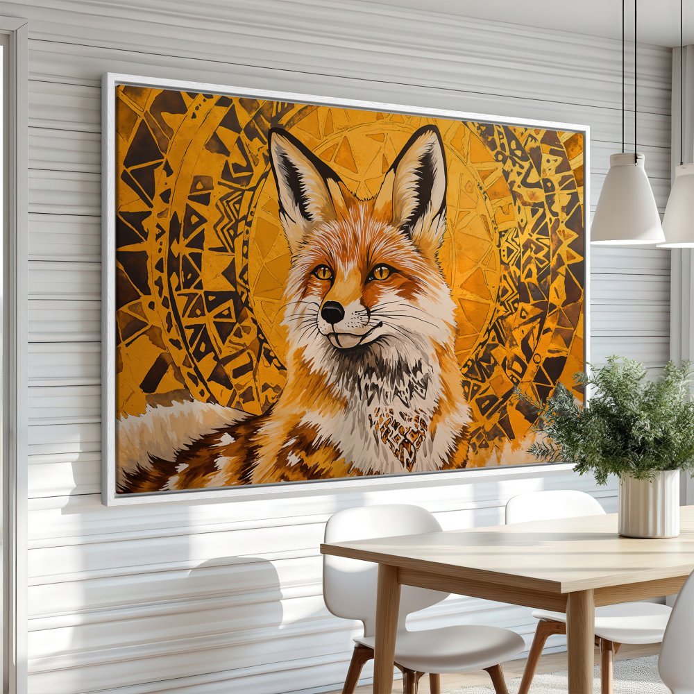 Framed Wall Art of a majestic fox in warm orange and gold tones. Stylish artwork for your home decor. Canvas Print.