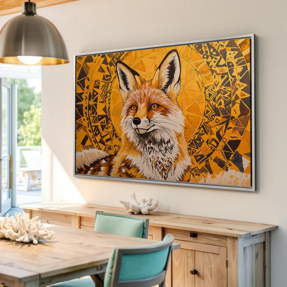 Framed Wall Art: Majestic fox portrait in warm orange & gold tones. Boho style Canvas Print adds a touch of nature & elegance to your home decor.