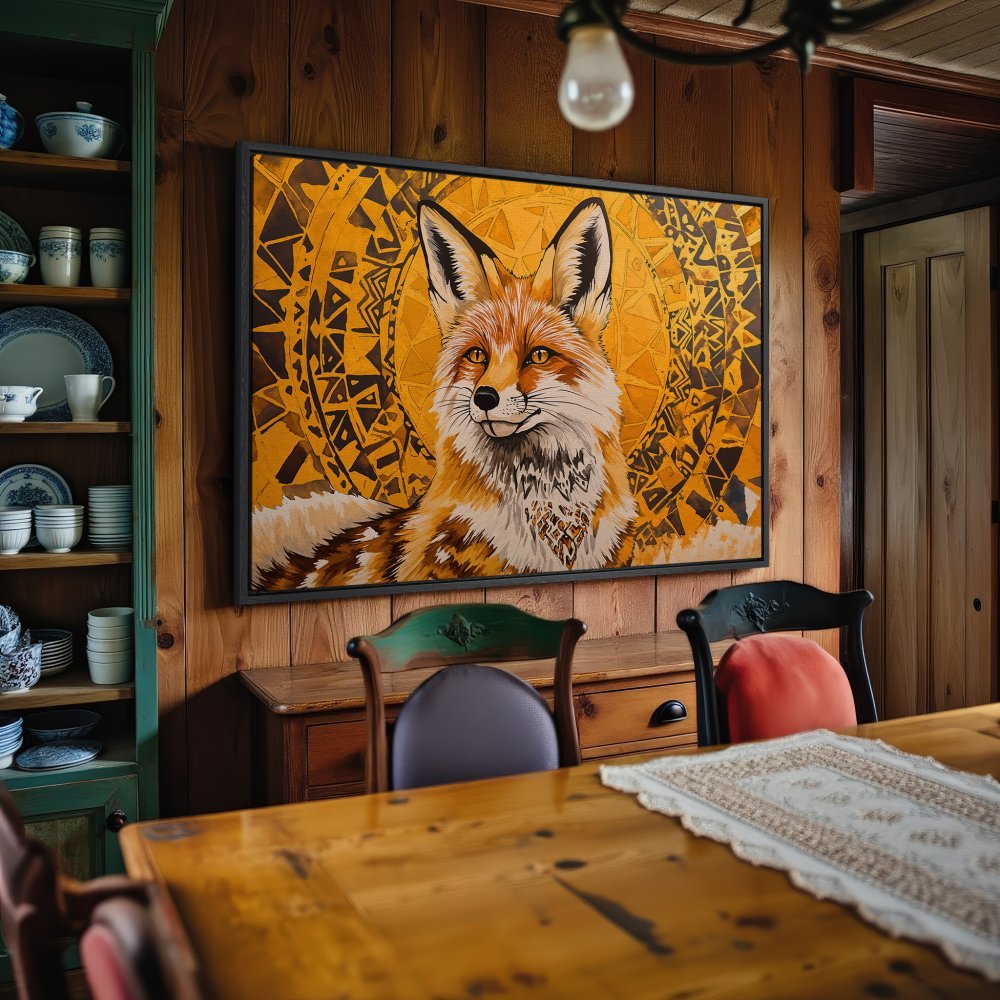Framed Wall Art: Stunning fox portrait in warm orange and gold tones. Rustic style canvas print adds a touch of nature to any room.