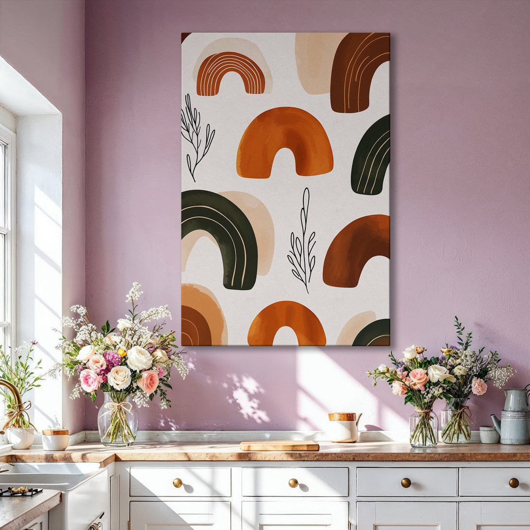 Framed Wall Art featuring abstract shapes in warm earth tones. Modern, minimalist design perfect for adding a touch of elegance to any space.