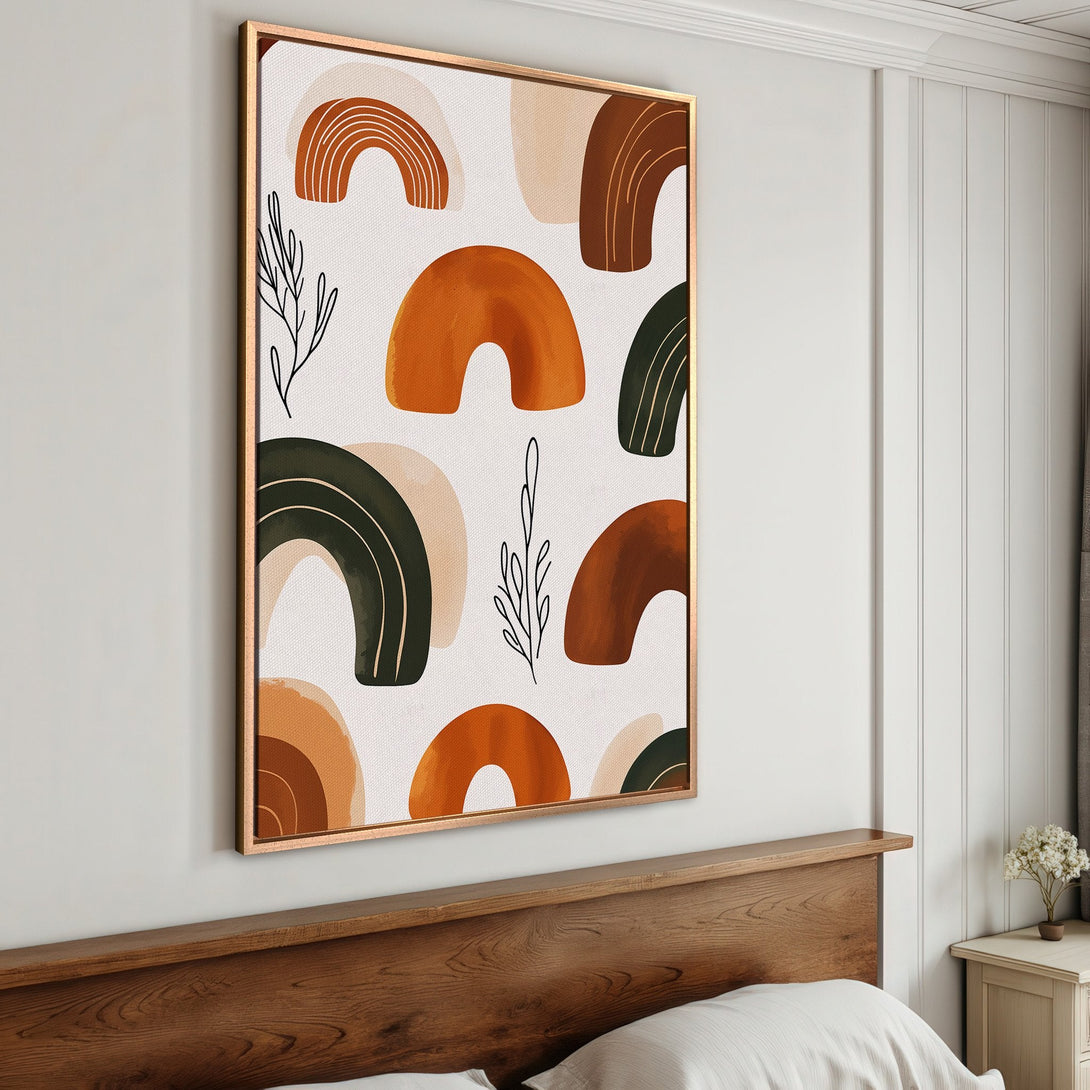 Framed Wall Art: Abstract art Canvas Print with warm orange, brown, and green shapes. Modern style, perfect for adding a touch of boho chic to your space.