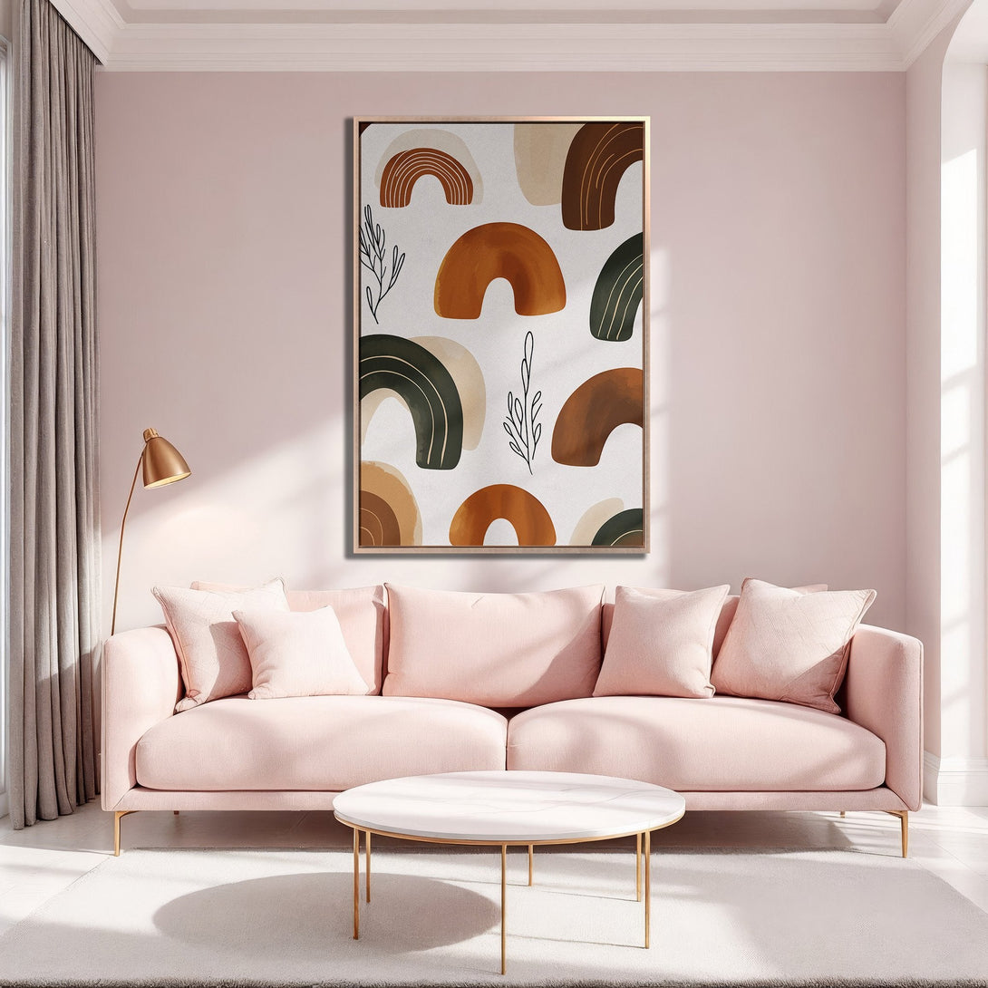 Framed Wall Art featuring abstract earth-toned shapes. Modern Canvas Print in a warm, inviting interior with a blush pink color palette. Elevate your space!