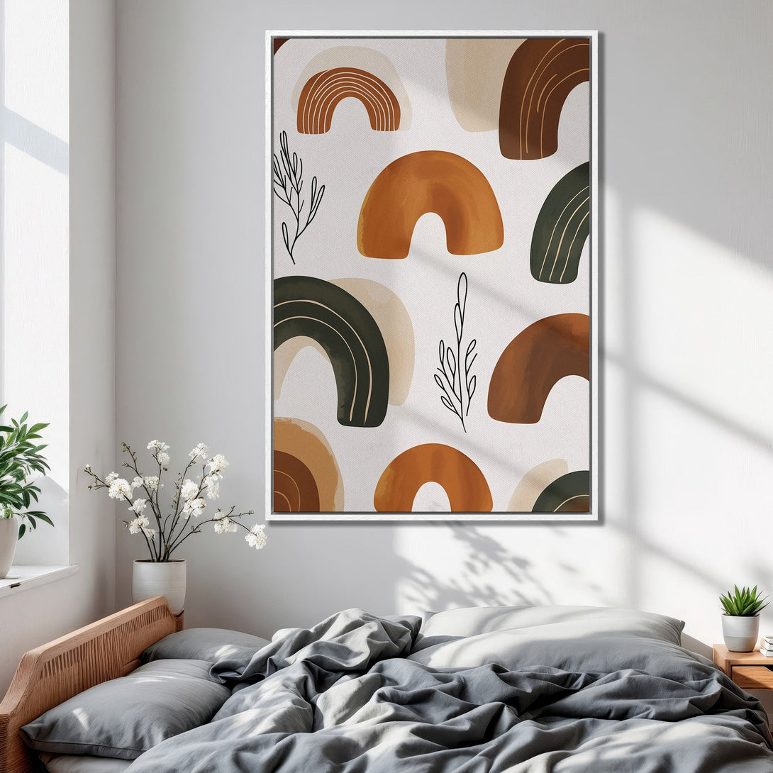Framed Wall Art featuring an abstract design with warm earth tones and organic shapes. Modern art for a stylish bedroom.