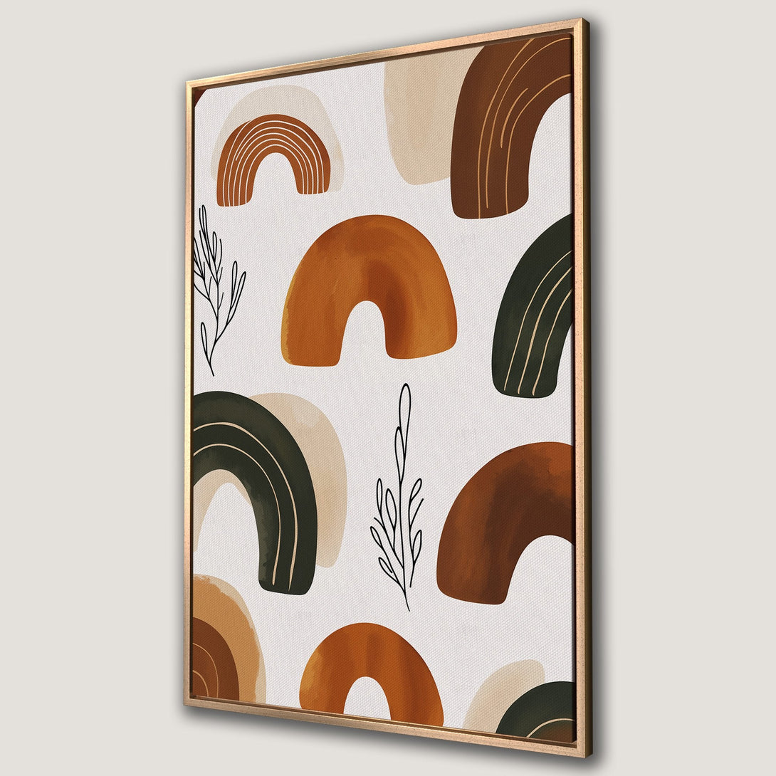 Framed Wall Art featuring abstract shapes in earthy tones. Modern Canvas Print with warm brown, green, and beige palette. Perfect for adding a touch of art to any space.