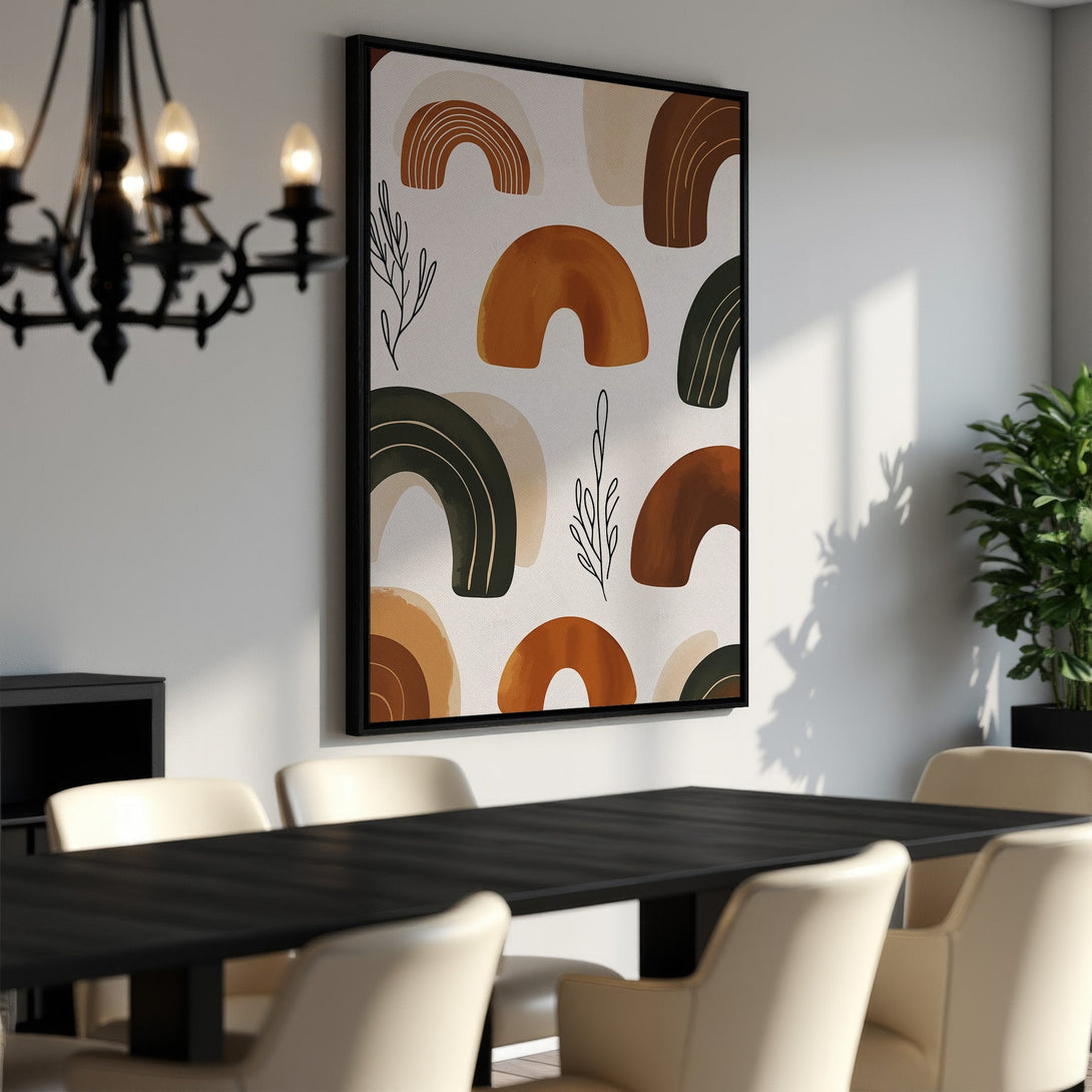 Framed Wall Art featuring abstract arch shapes in earthy tones. Modern art print perfect for dining room decor. Neutral color palette.