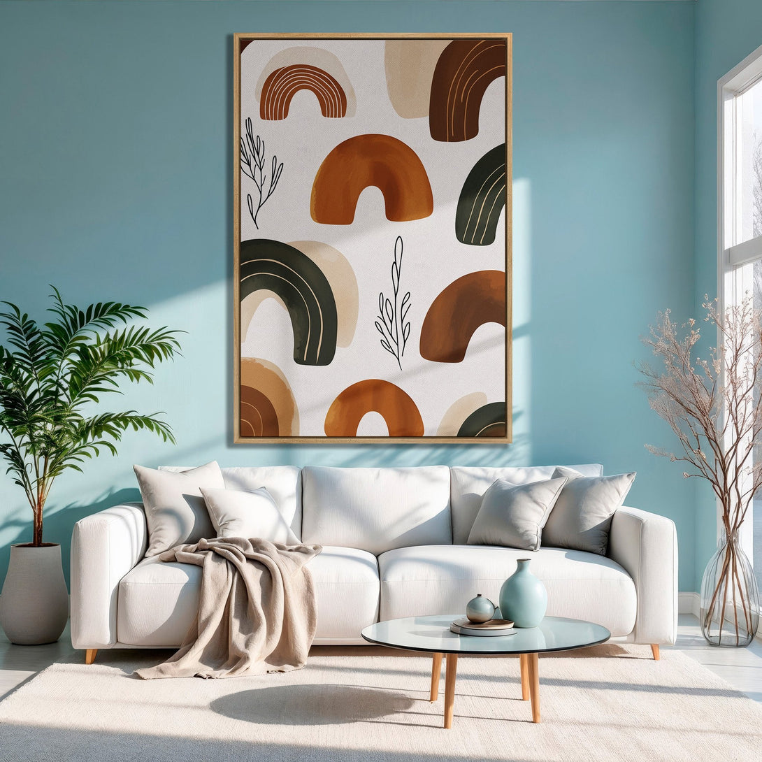 Framed Wall Art: Abstract arch design in warm brown and green tones. Modern living room decor with a calming, neutral color palette. Shop now!