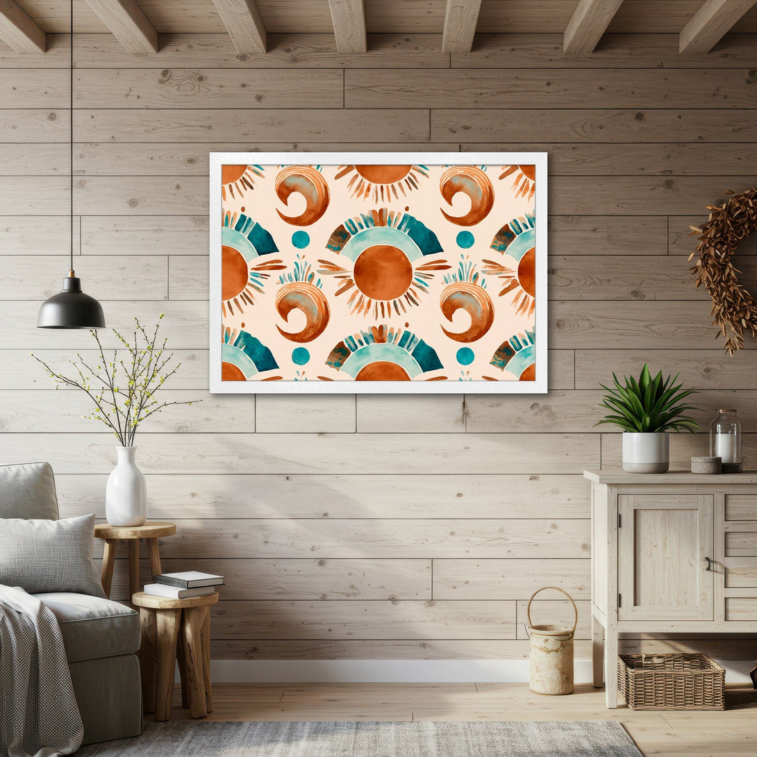 Framed Poster featuring a watercolor abstract design in earthy tones of rust, teal, and beige. Perfect wall art for any room!