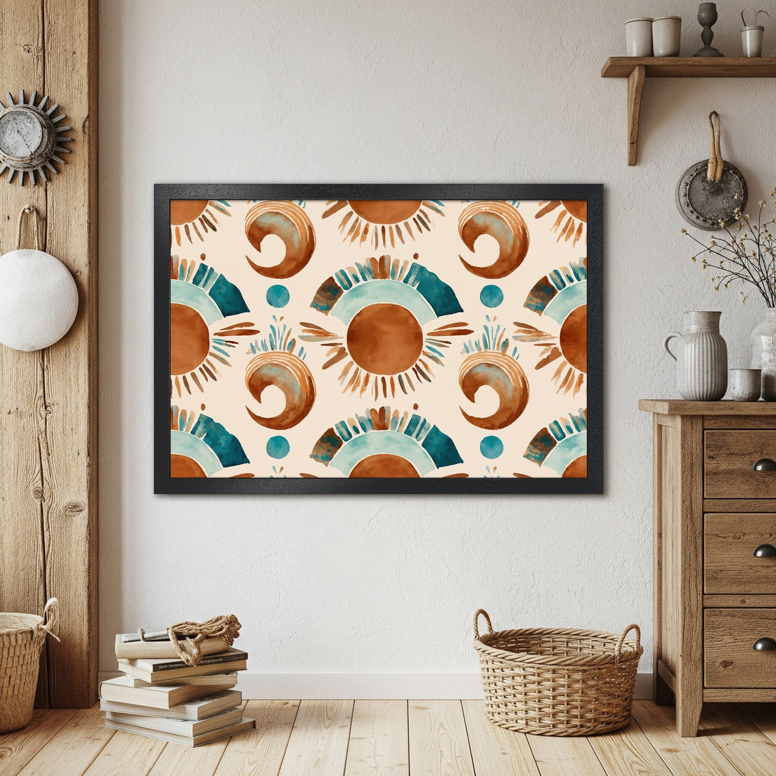 Framed Poster featuring a watercolor abstract design in warm brown and teal tones. Perfect wall art!
