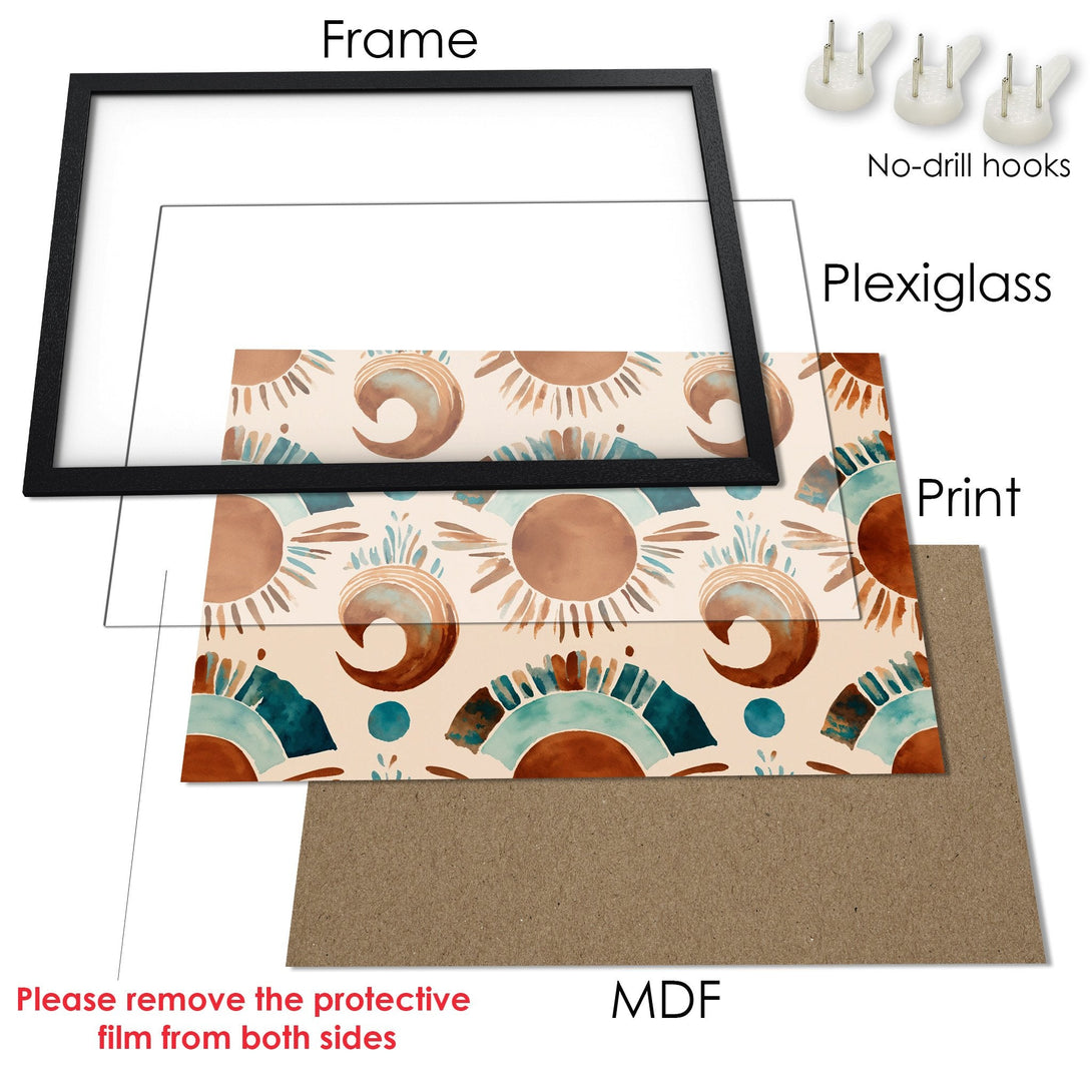 Framed Poster featuring a watercolor sun design in warm earth tones with teal accents. Modern art for your home.