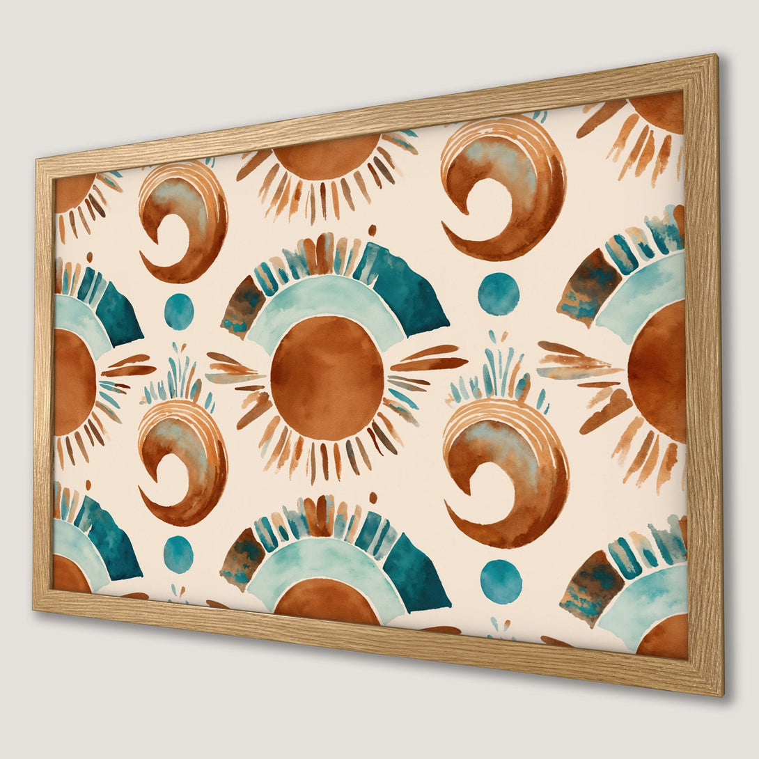 Framed Poster featuring a watercolor pattern in earthy tones. Bohemian style art with brown, teal, and beige color palette. Perfect home decor.