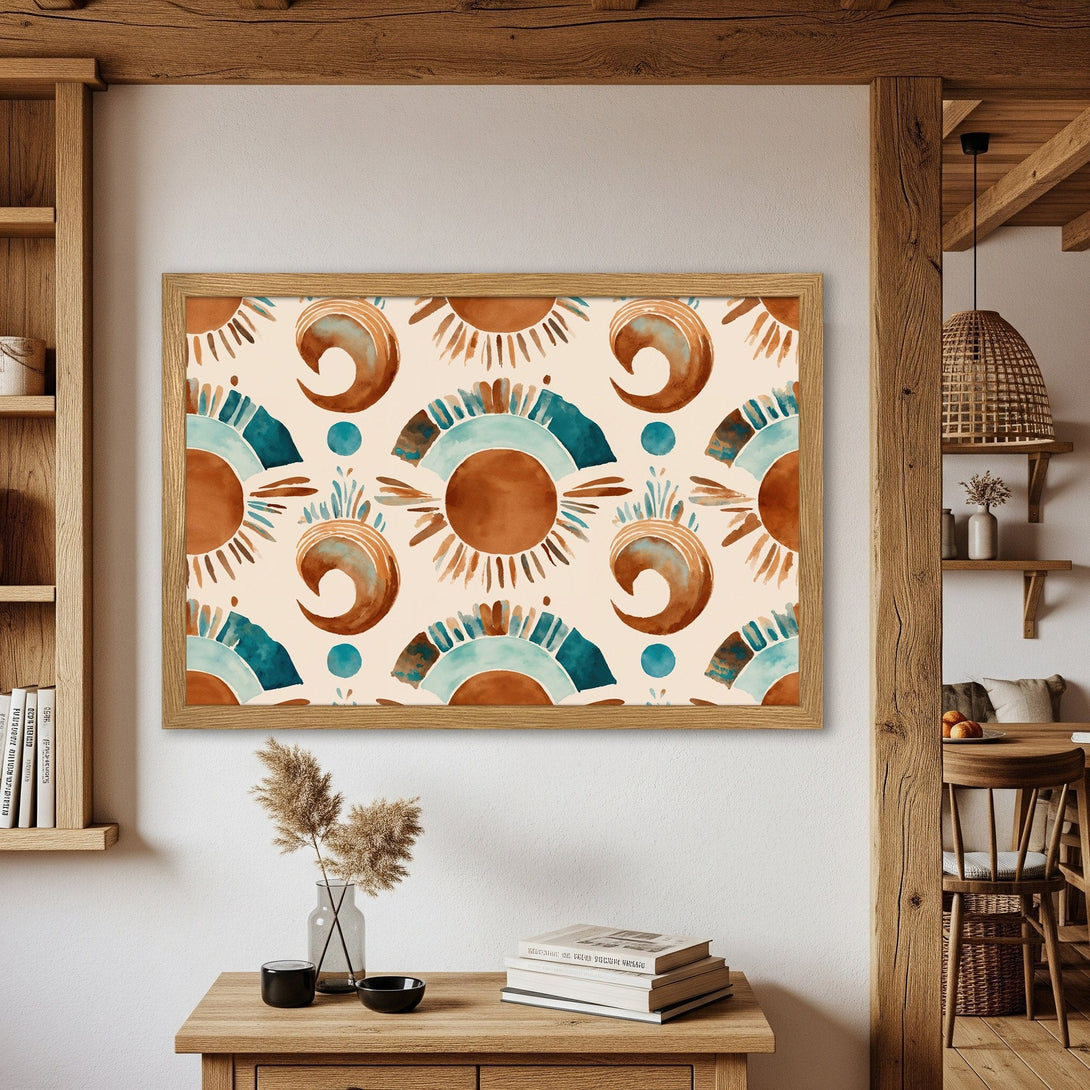 Framed Poster featuring a watercolor abstract design in earth tones and teal. Perfect wall art for any home!
