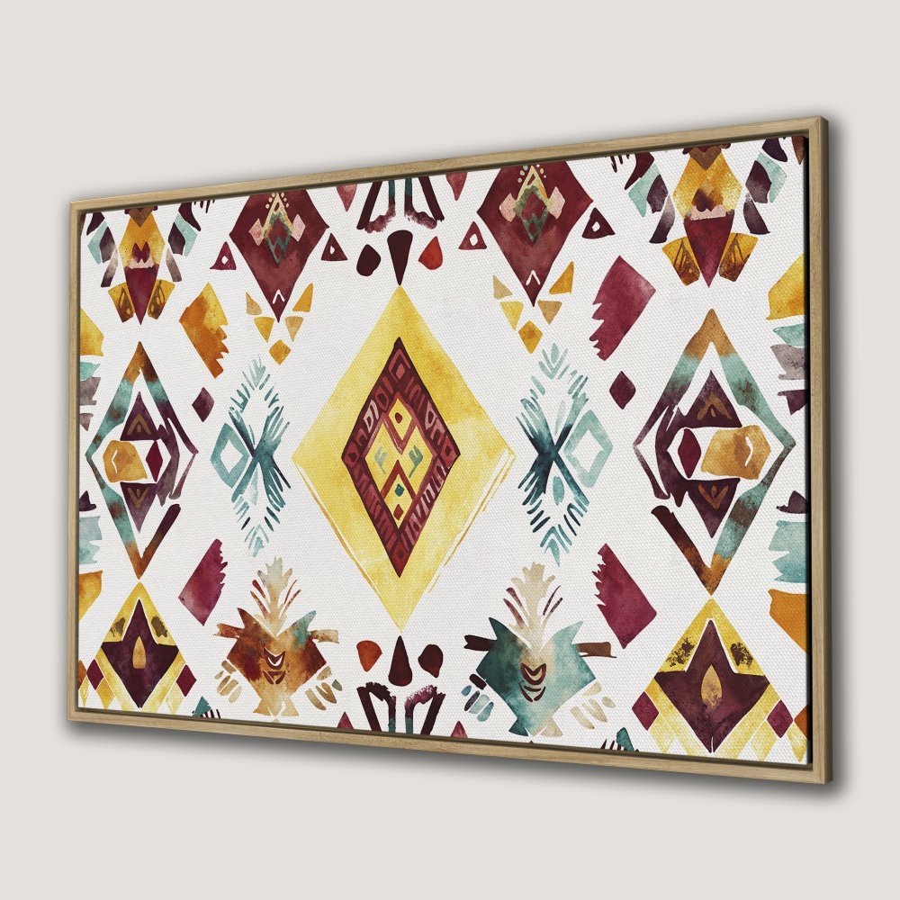 Framed Wall Art featuring an abstract watercolor pattern in warm yellow, burgundy, and teal hues. Boho style Canvas Print perfect for any space.