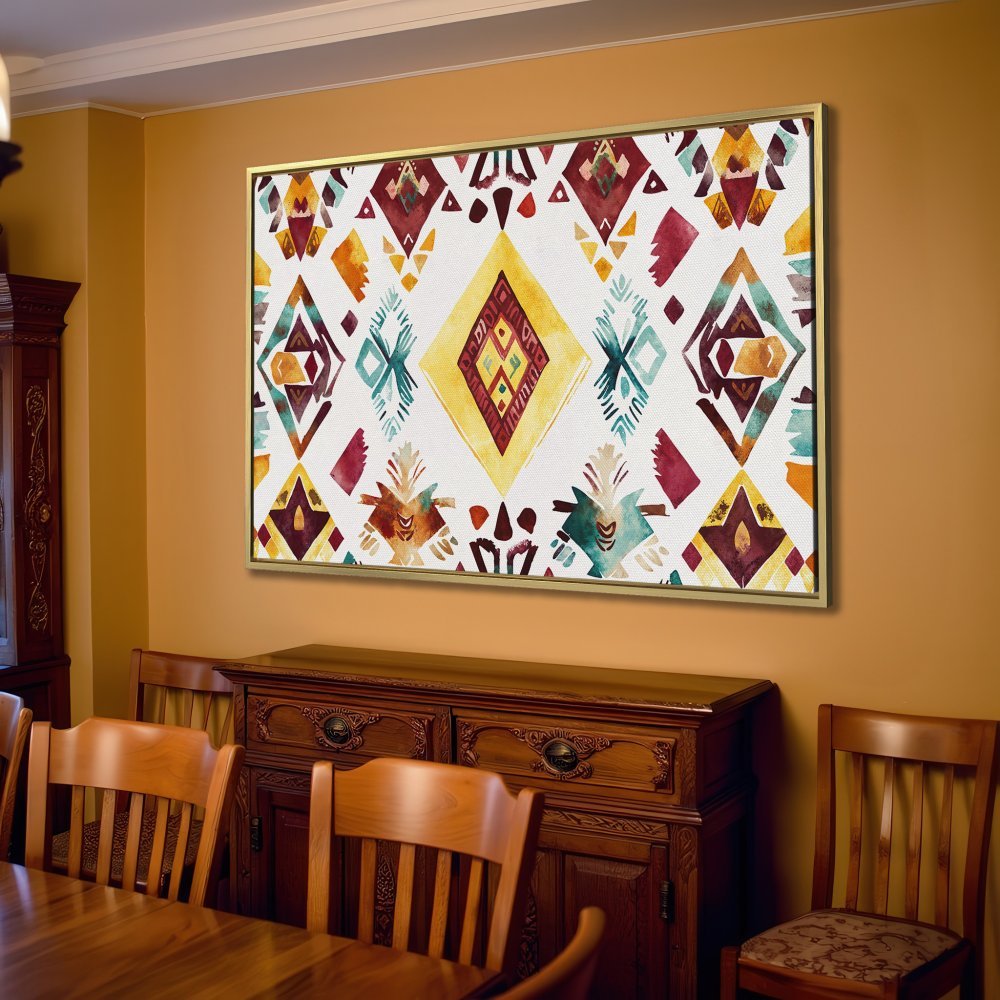 Canvas Print featuring a vibrant watercolor tribal pattern in warm yellow, burgundy, and teal hues. Perfect for boho decor!