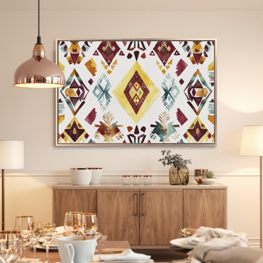 Framed Wall Art: Watercolor tribal pattern in warm yellow, burgundy, and teal. Perfect for adding a bohemian touch to your living space. Shop now!