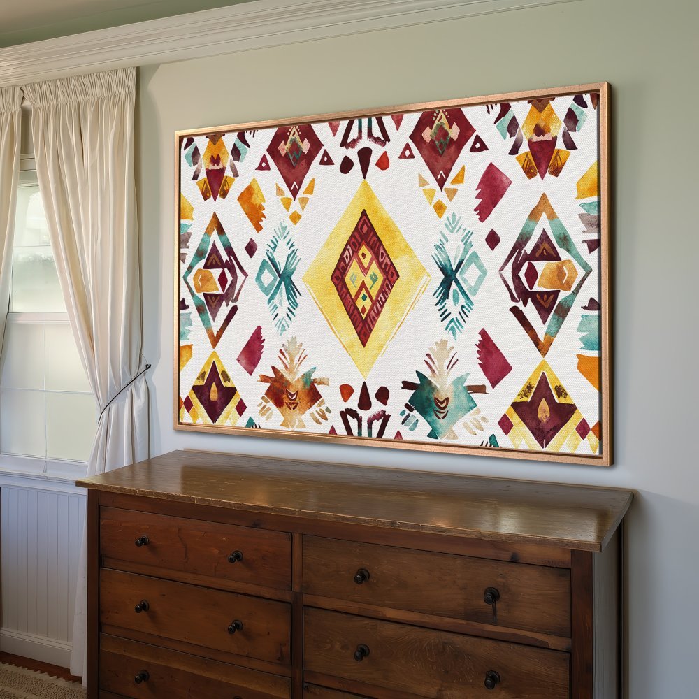Framed Wall Art: Watercolor tribal pattern in warm yellow, red, and teal hues. Perfect for adding bohemian style to your home decor.