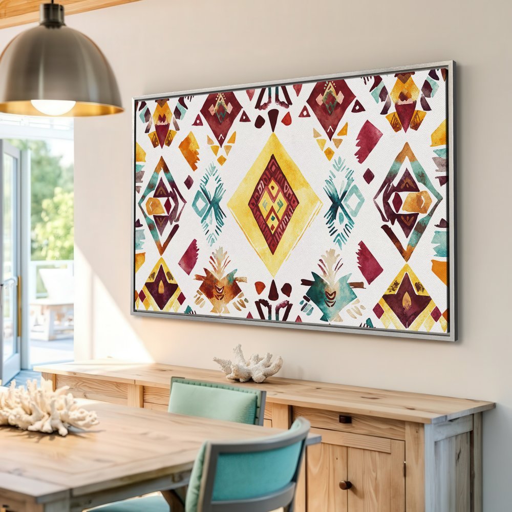 Framed Wall Art: Bohemian-style Canvas Print with geometric patterns in warm yellows, reds, and teal. Perfect for adding a pop of color!