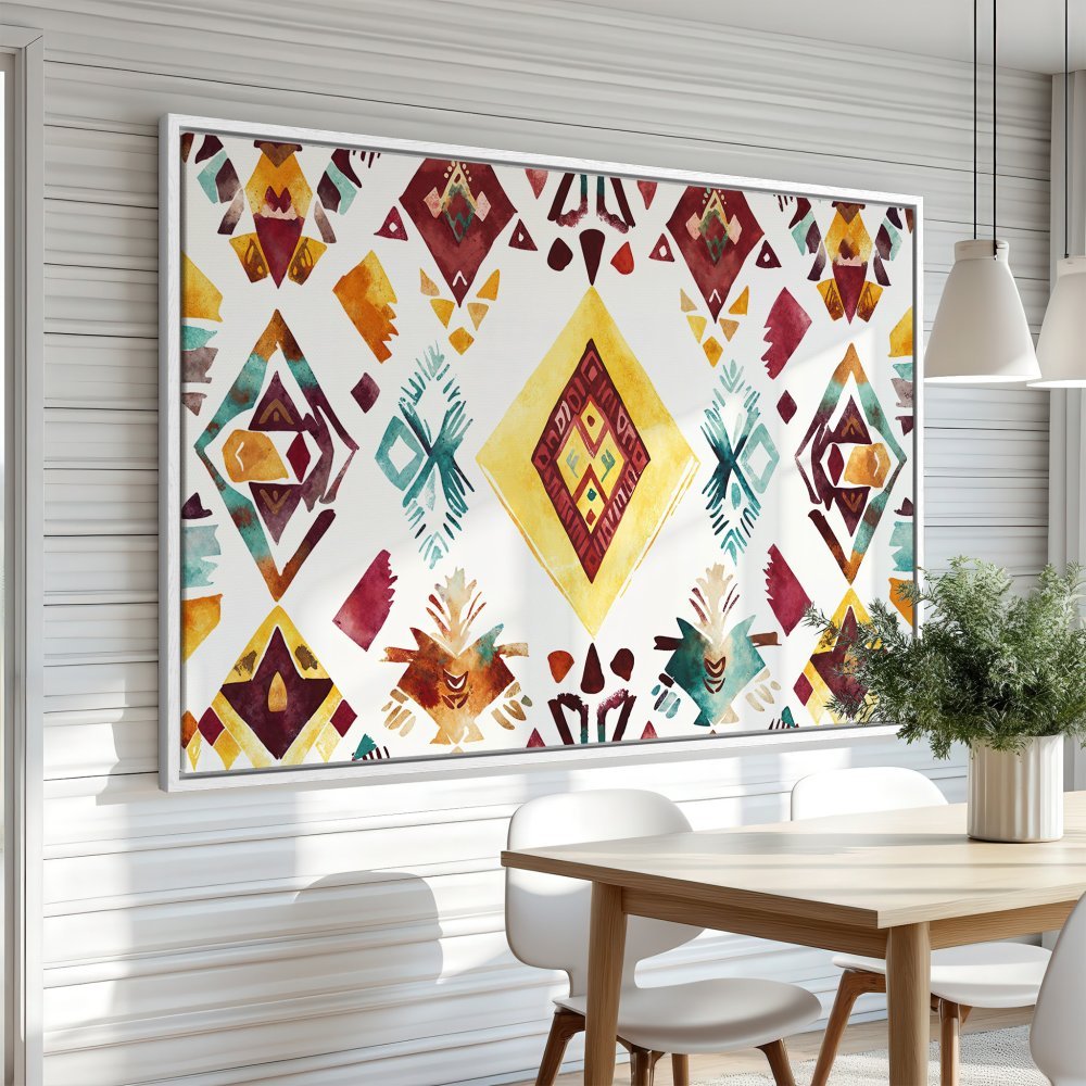 Framed Wall Art: Watercolor tribal pattern in warm yellow, teal, and burgundy hues. Add a pop of color with this stunning Canvas Print!