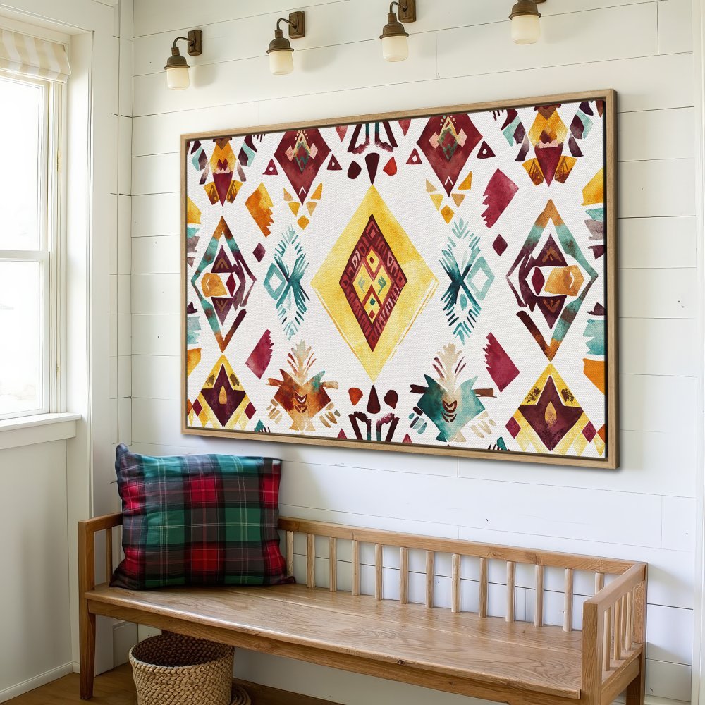 Framed Wall Art: Watercolor tribal pattern in warm tones. Add a pop of color to your space with this vibrant Canvas Print!