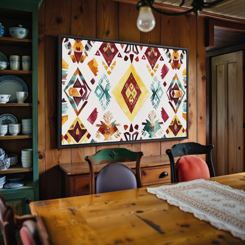 Framed Wall Art: Watercolor tribal pattern in warm earth tones. Add artistic flair to your space with this vibrant Canvas Print!