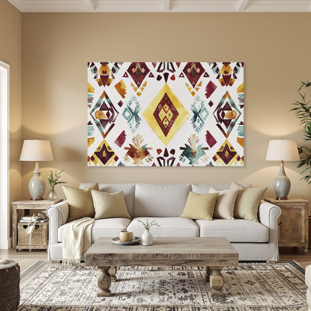Framed Wall Art: Watercolor tribal pattern in warm earth tones. Add bohemian style to your dining room with this stunning Canvas Print!