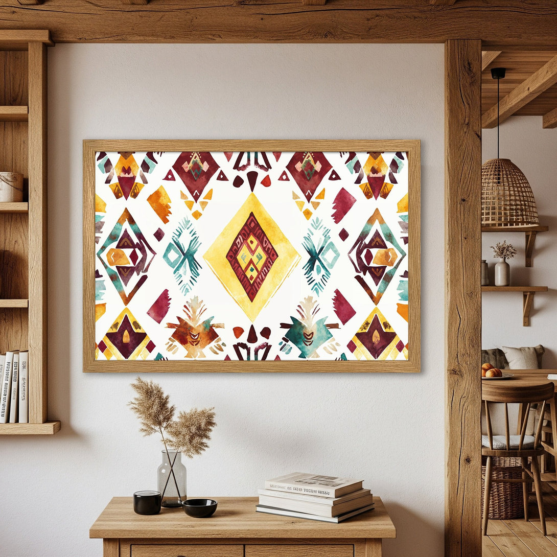 Framed Poster with watercolor tribal design. Earthy tones of yellow, red, and teal. Perfect wall art for boho decor.